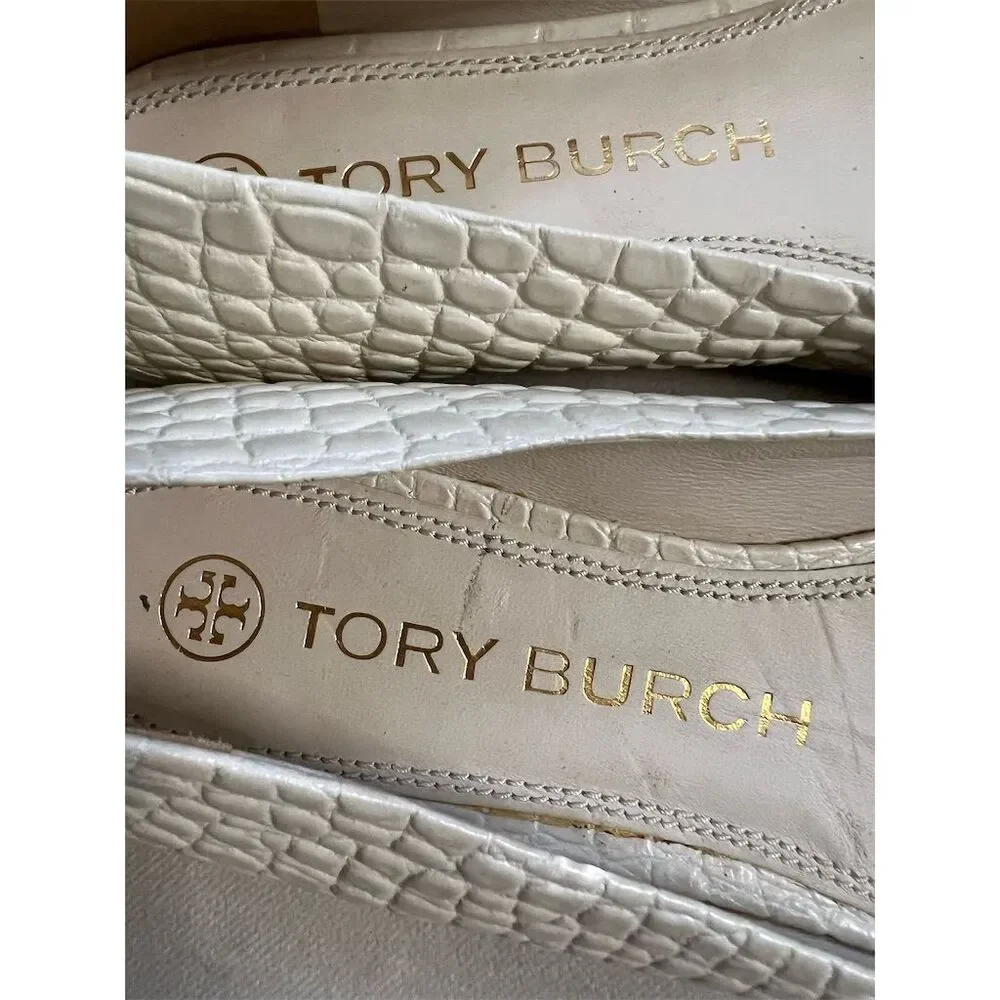 Tory Burch Women's Ballet Flats Size 9 Croc Ivory Square Toe Casual